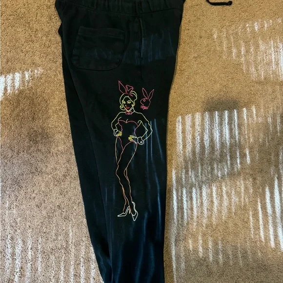 Playboy By PacSun Jogger Sweatpants Men’s Size Medium Black Neon D‎ - Picture 2 of 5